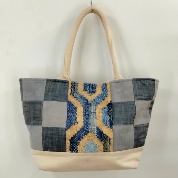 Camel Threads Tote bag blue and cream double strap lined with pockets - Picture 1 of 11